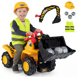 Gymax - 3-in-1 Ride On Excavator & Bulldozer w/Detachable Bucket 3 Toy Stones Helmet - Yellow