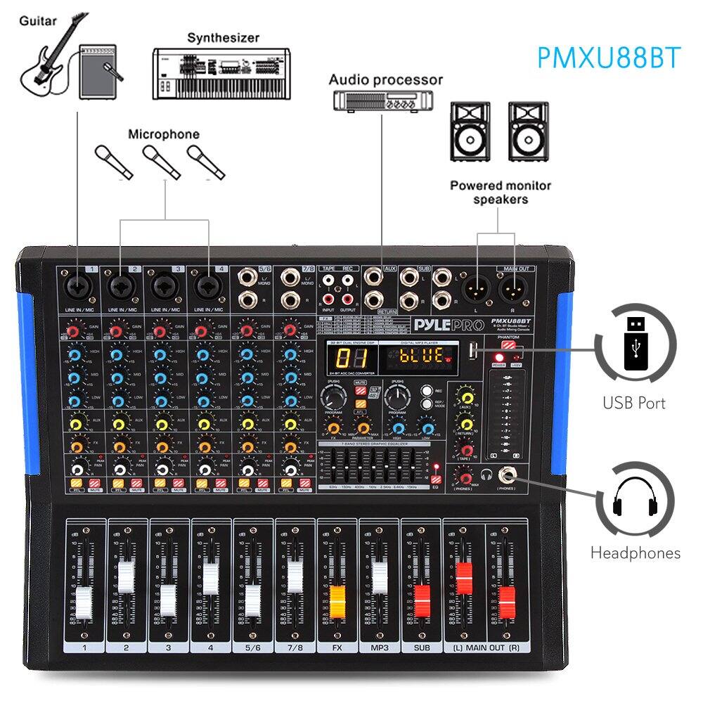 Guitar Synthesizer Audio processor PMXU88BT 2202 Microphone Powered monitor speakers . 3 4 dr 7/11 A  F SCe MNE LME N /M UM   UME - M LME W  s - C 0  a a PYLE bL E . PMXUSSBT - MY f A2 .. - USB Port . 8 T S6 E t - - - - - - - Headphones hulbl - Iddetul hedahild  2 3 4 5/6 7/8 FX MP3 SUD [L] MAIN OUT [R]