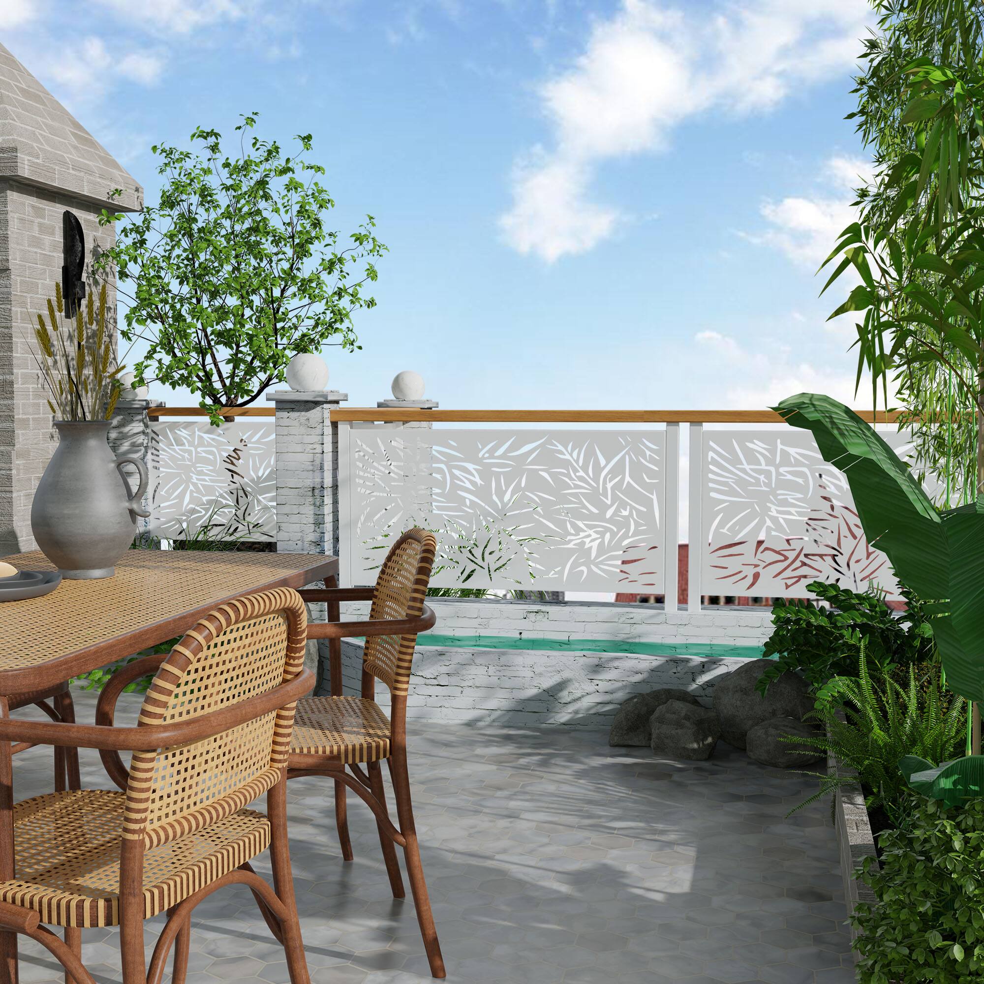 Alt View 2. PexFix - 72 in. x 47 in. Bamboo Pattern Metal Outdoor Privacy Screen & Panels, Freestanding Garden Divider Fence - White.