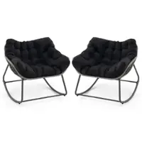 Costway 2 PCS Outdoor Rocking Chair Oversized Patio PE Wicker Egg Chair Rattan Lounge Chair - Black + Mix Gray - Front_Zoom