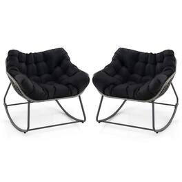 Costway - 2 PCS Outdoor Rocking Chair Oversized Patio PE Wicker Egg Chair Rattan Lounge Chair - Black + Mix Gray