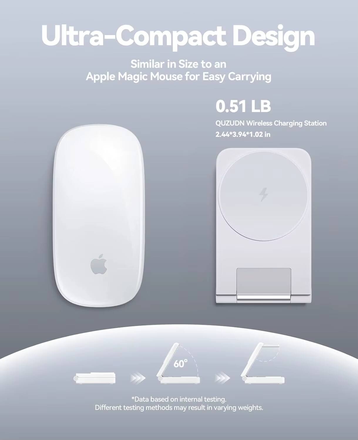 Ultra-Compact Design  
Similar in Size to an Apple Magic Mouse for Easy Carrying  

0.51 LB  
QUZUDN Wireless Charging Station  
2.44*3.94*1.02 in  

*Data based on internal testing. Different testing methods may result in varying weights.