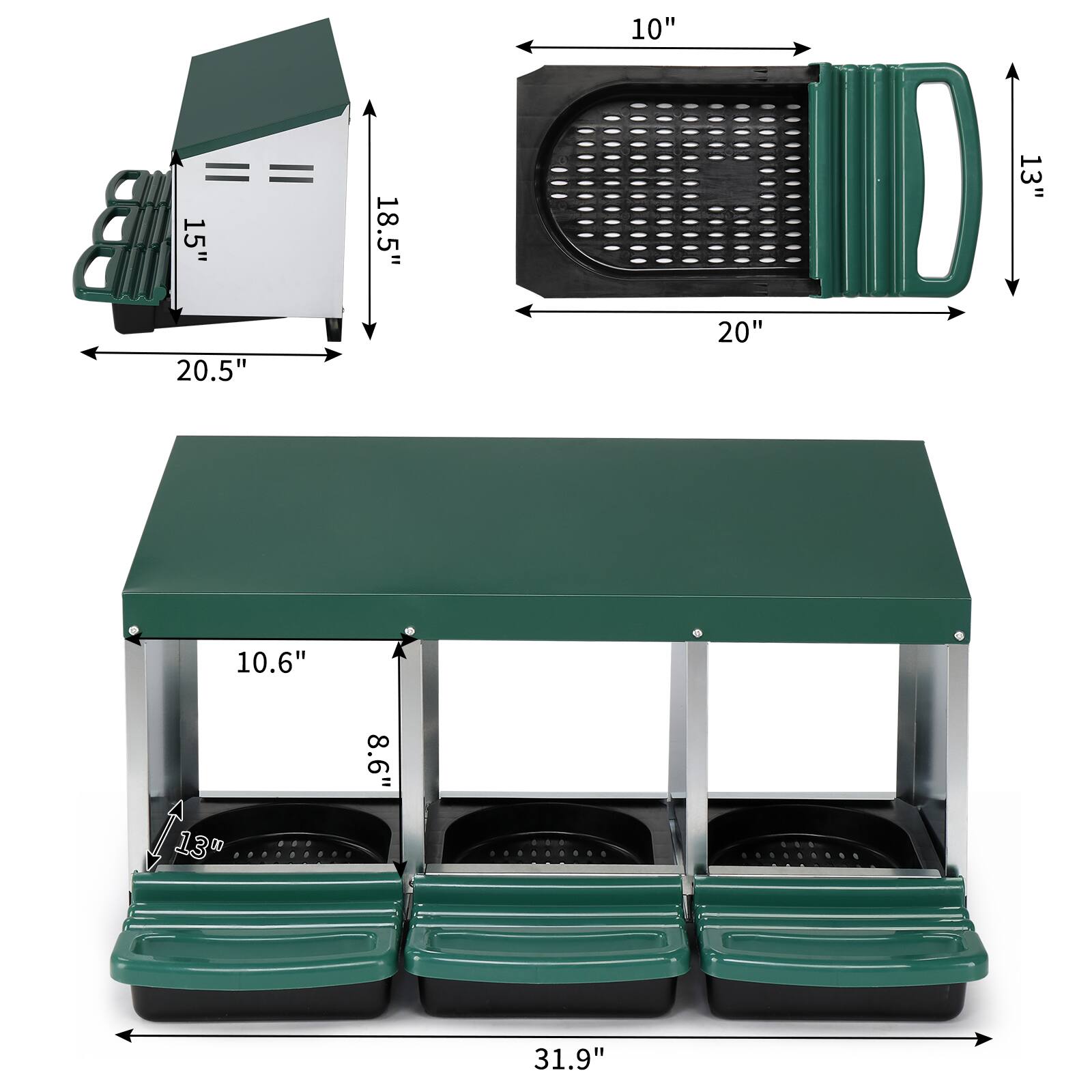 Alt View 2. Winado - Chicken Nesting Boxes, 3 Hole Metal Chicken Egg Laying Box for Chicken Coop - Green.