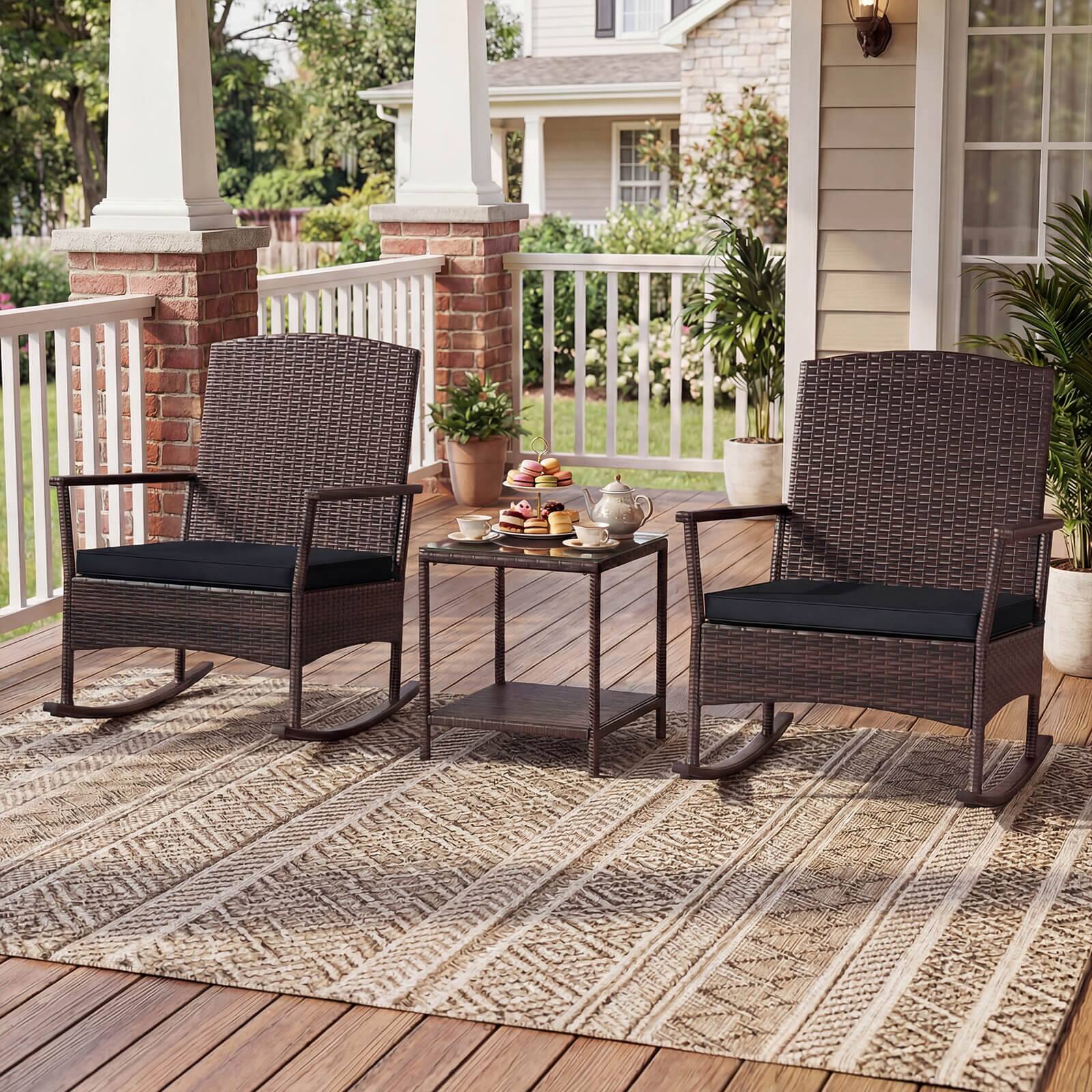 Alt View 1. Costway - Costway 3 PCS Patio Rocking Set Wicker Rocking Chairs with 2-Tier Coffee Table - Mix Brown,Black.