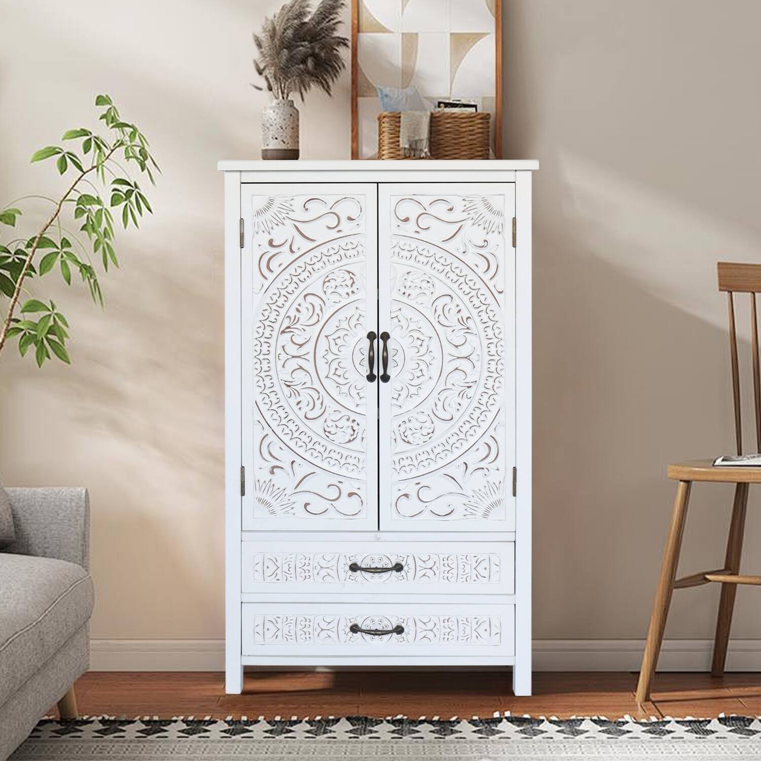 Back. Lirago - Accent Cabinet with Doors and Drawers Tall Tower Storage Cabinet in White 15.33"D x 26.77"W x 48.23"H - White.