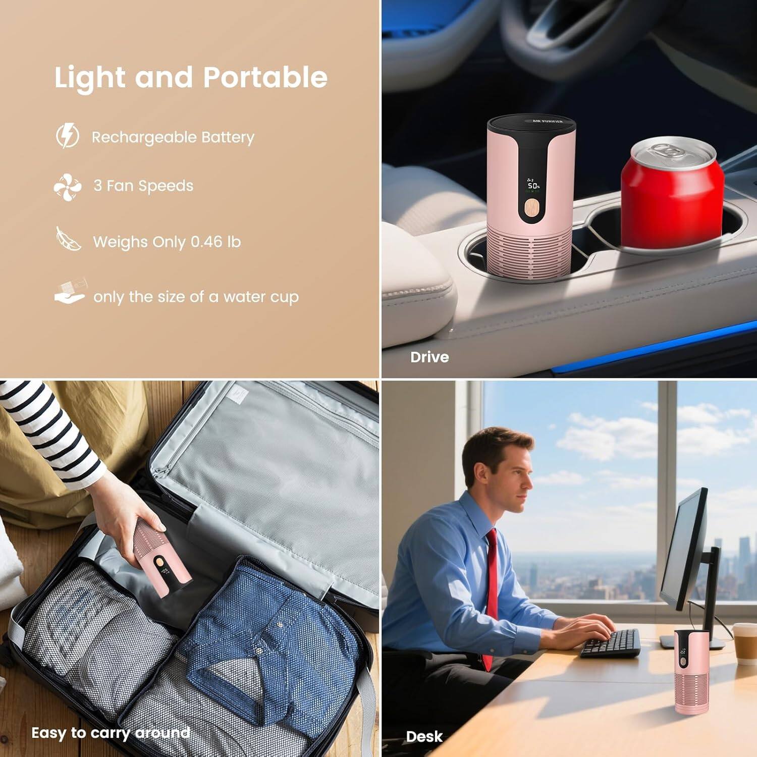 Light and Portable Rechargeable Battery 3 Fan Speeds. Weighs Only 0.46 lb, only the size of a water cup. Easy to carry around. Desk.