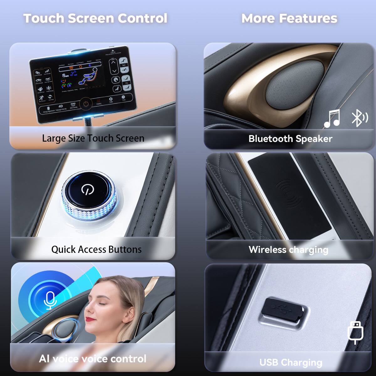 Touch Screen Control - More Features
Large Size Touch Screen - Bluetooth Speaker
Quick Access Buttons - Wireless charging
AI voice voice control - USB Charging