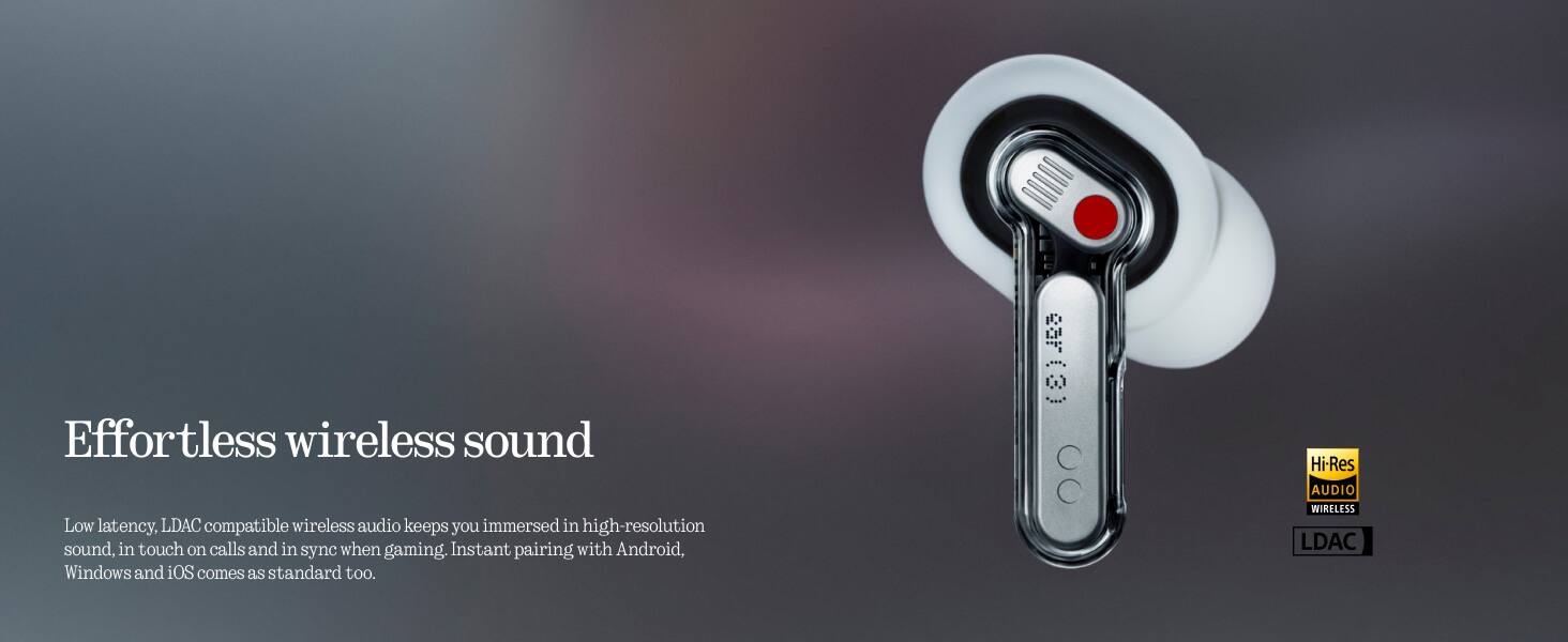 Effortless wireless sound

Low latency, LDAC compatible wireless audio keeps you immersed in high-resolution sound, in touch on calls and in sync when gaming. Instant pairing with Android, Windows and iOS comes as standard too.

Hi-Res AUDIO WIRELESS LDAC