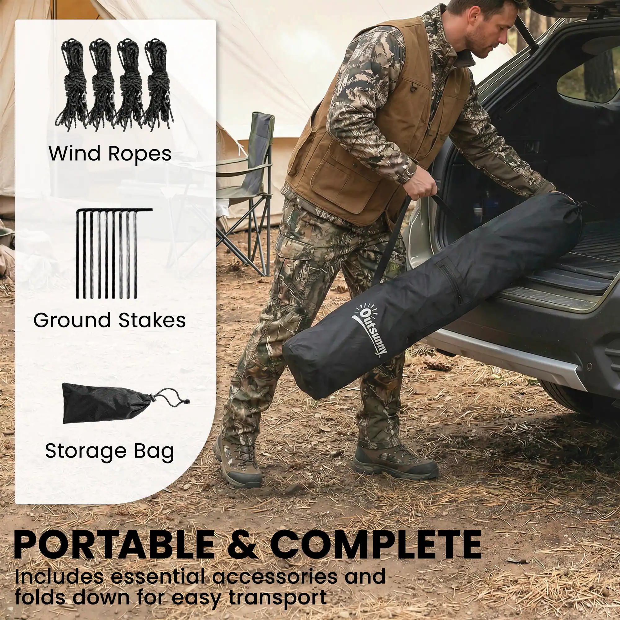 Wind Ropes  
Ground Stakes  
Storage Bag  

PORTABLE & COMPLETE  
Includes essential accessories and folds down for easy transport