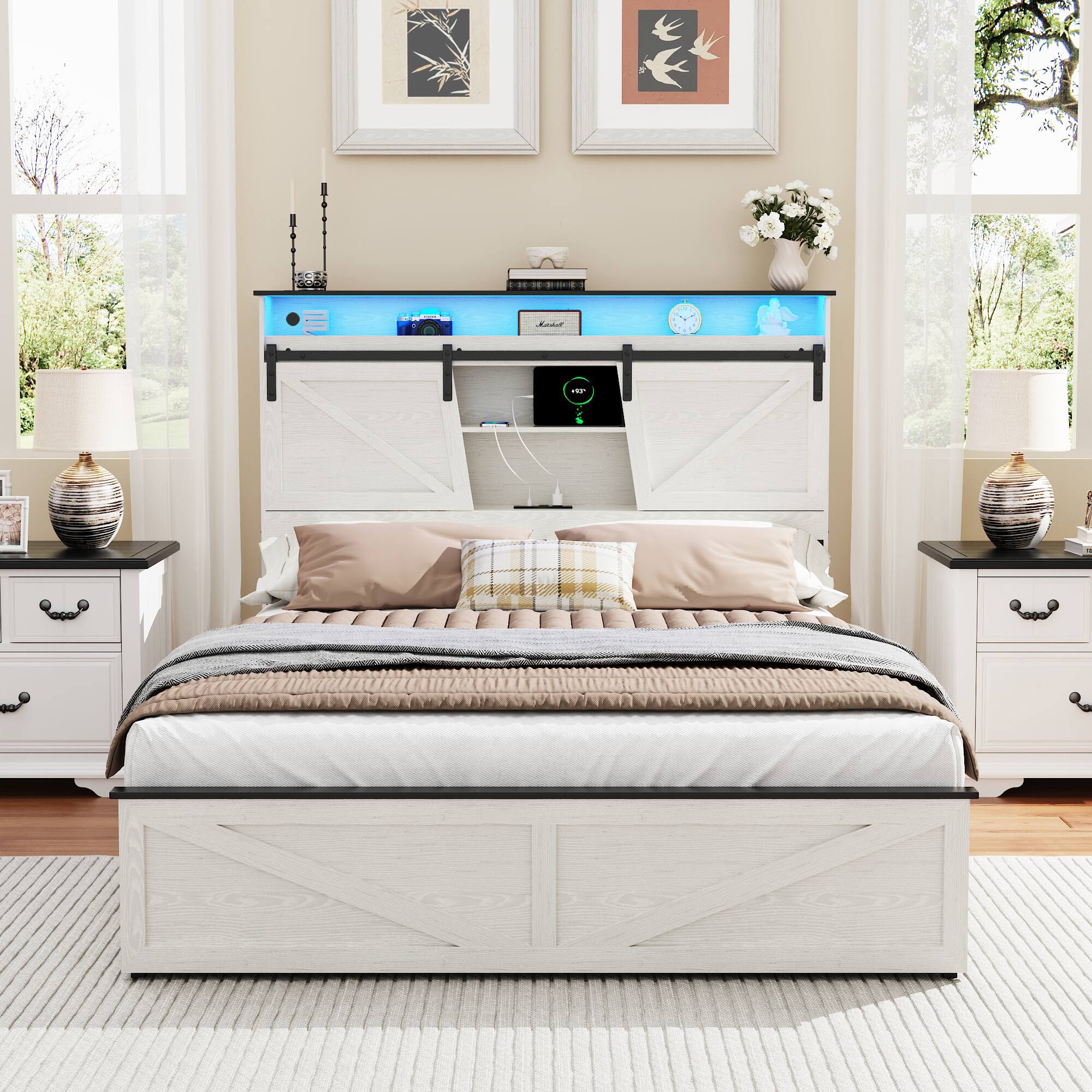 Left. LUCKY ONE - Farmhouse Queen Size Bed Frame with Storage Headboard and Drawers,Charging Station & LED Lights - White.