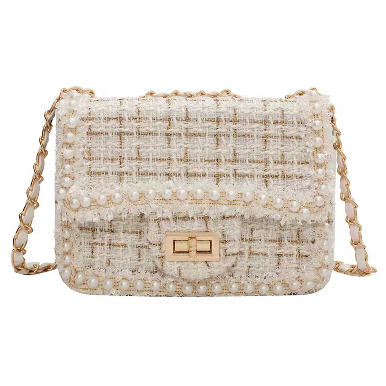 Live At Space - Designer Chain Shoulder Purse For Women Trendy Ladies Quilted Crossbody Bag Clucth Handbags Evening Tweed Purses - White1