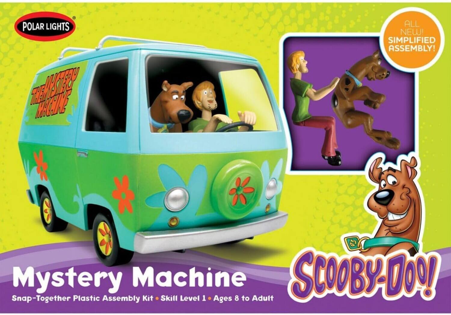 POLAR LIGHTS  
Mystery Machine  
Snap-Together Plastic Assembly Kit  
Skill Level 1  
Ages 8 to Adult  

ALL NEW!  
SIMPLIFIED ASSEMBLY!  

SCOOBY-DOO!
