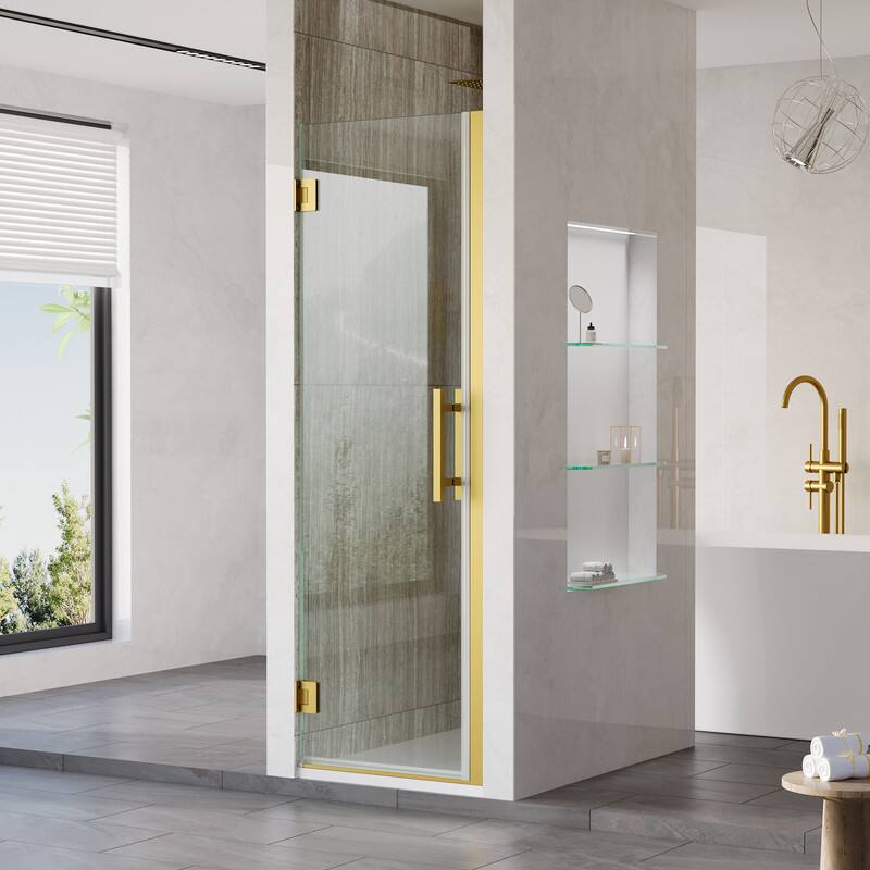 Left. WELLFOR - 23–24 in. W x 72 in. H Frameless Hinged Shower Door with 3/8" Clear Tempered Glass, Reversible Opening - Brushed Gold.