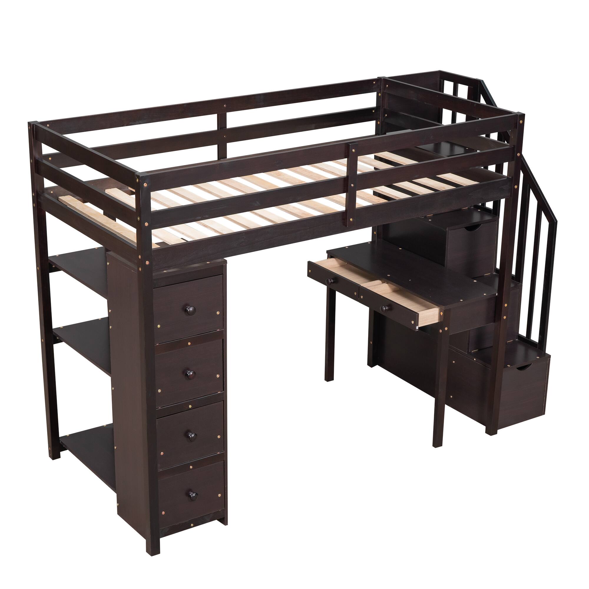 Alt View 1. Aukfa - Twin size Loft Bed with Storage Drawers and Stairs, Wooden Loft Bed with Shelves - Espresso.