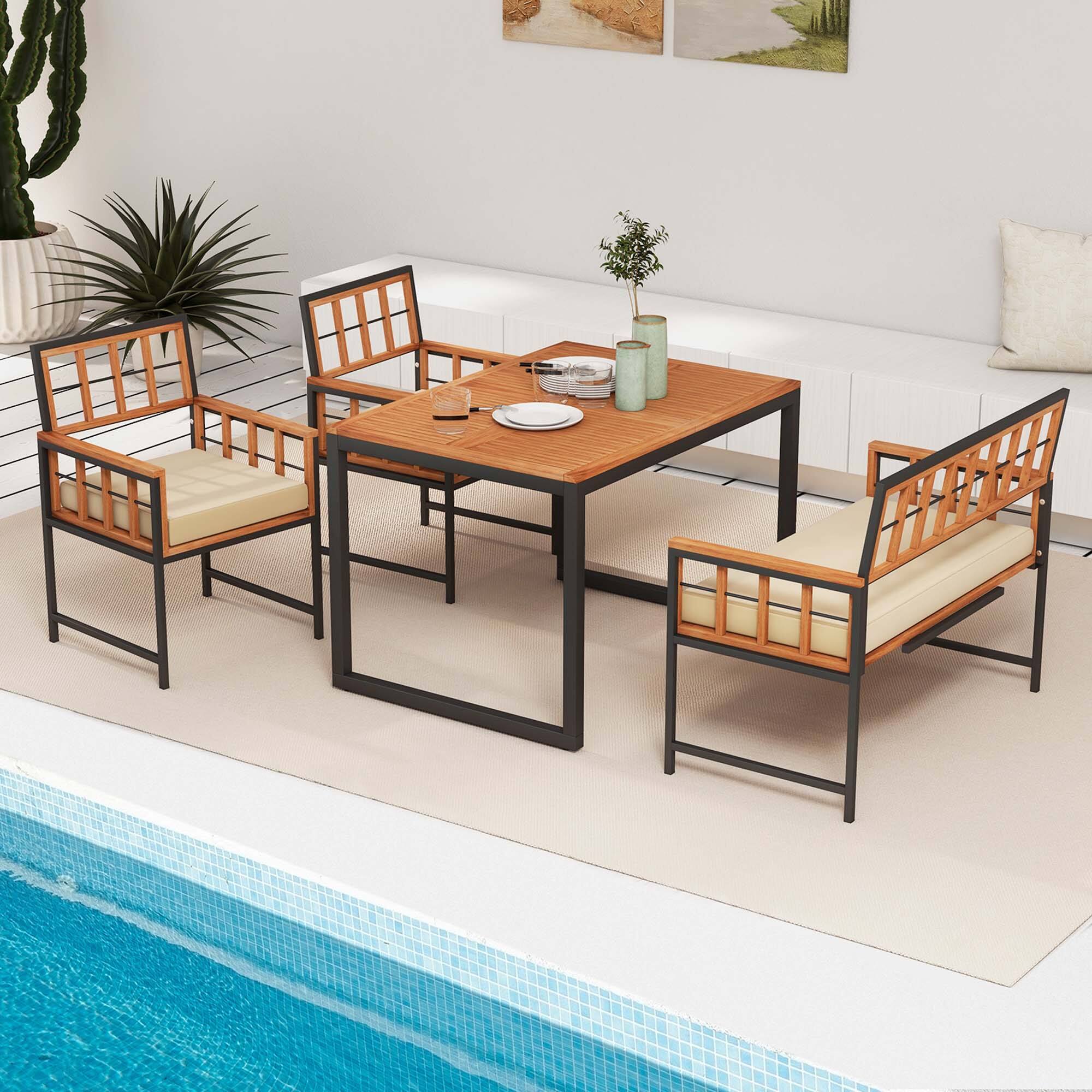 Alt View 3. Costway - 4 Piece Patio Dining Set Outdoor Wood Dining Furniture with 2 Chairs & 1 Lovesea - Natural and Black,Beige.