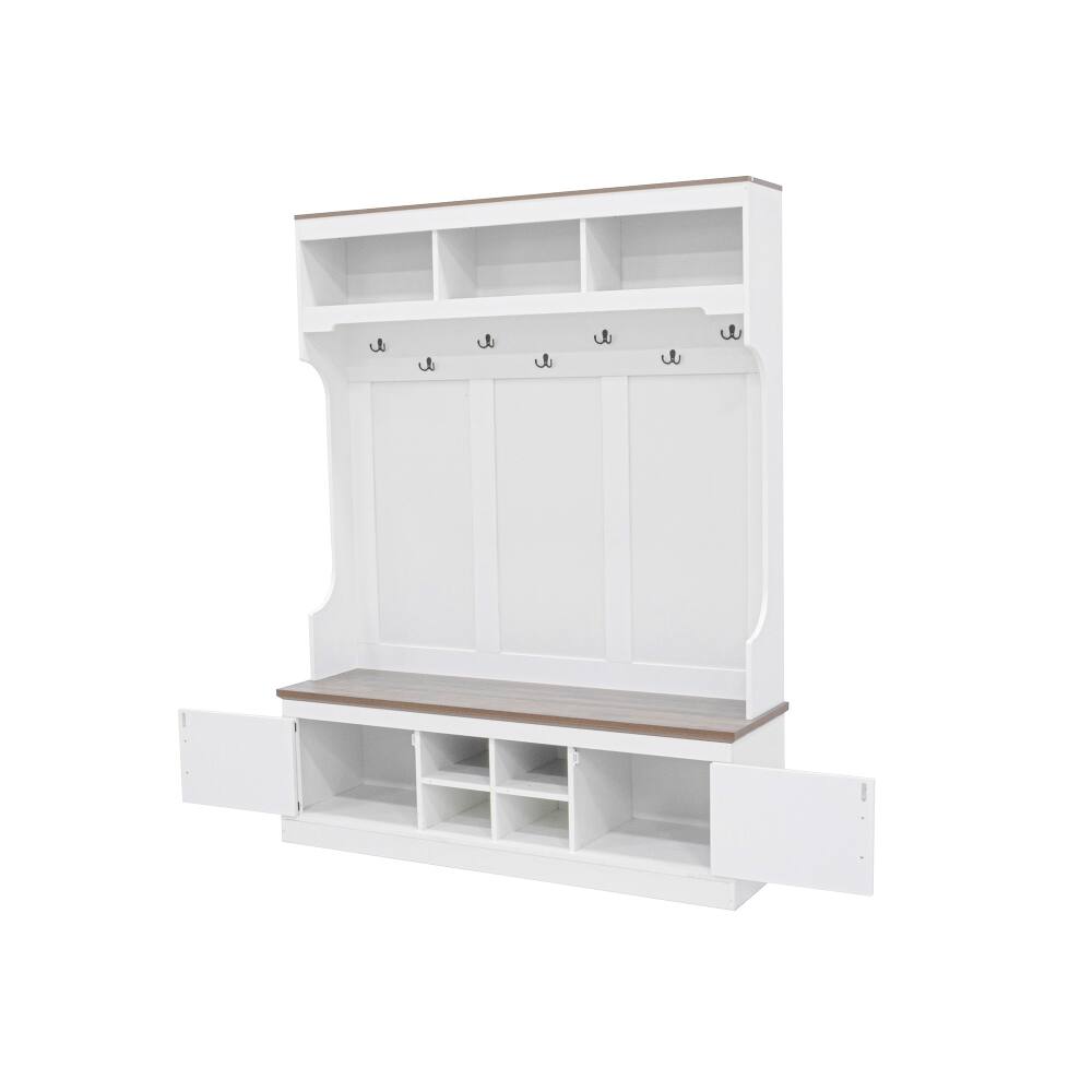 Alt View 6. Loheer - Loheer 71 inch tall entryway organizer, farmhouse hall tree with bench, white coat rack with shoe storage - White.