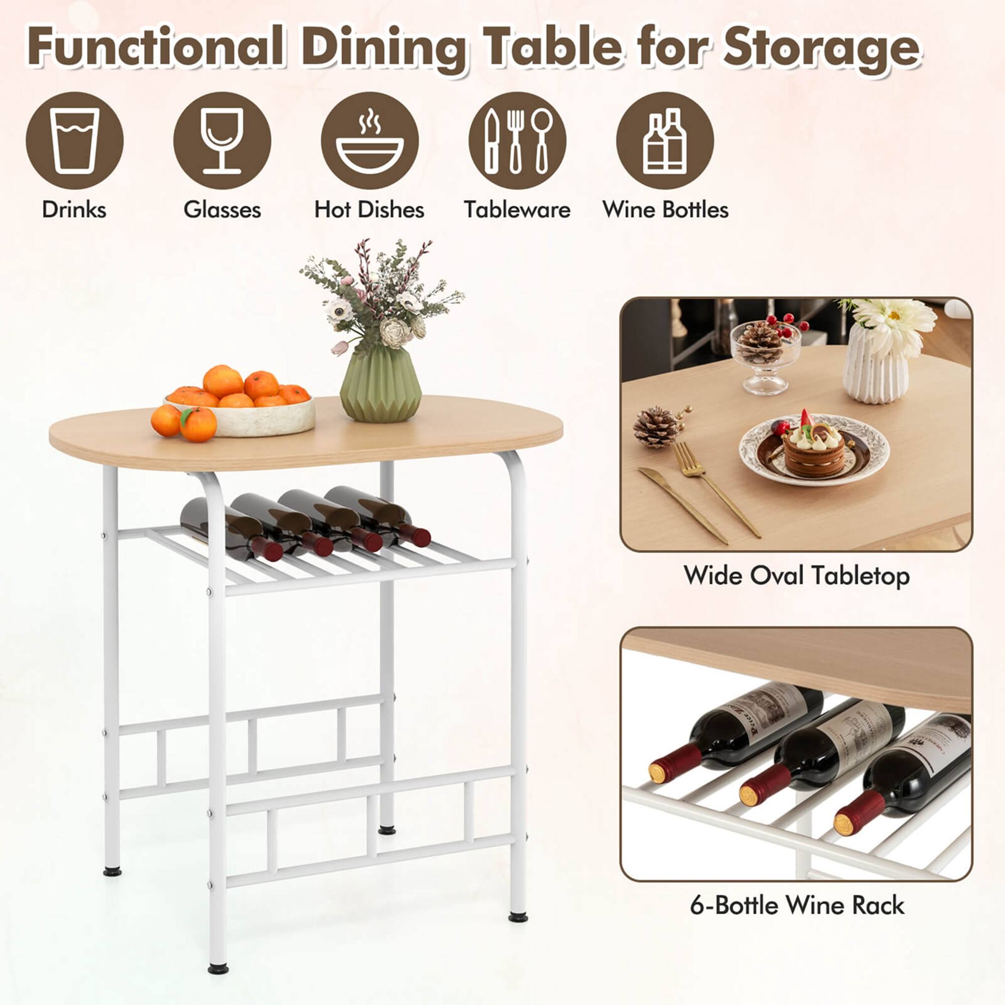 Functional Dining Table for Storage: Drinks, Glasses, Hot Dishes, Tableware, Wine Bottles, Wide Oval Tabletop, 6-Bottle Wine Rack.