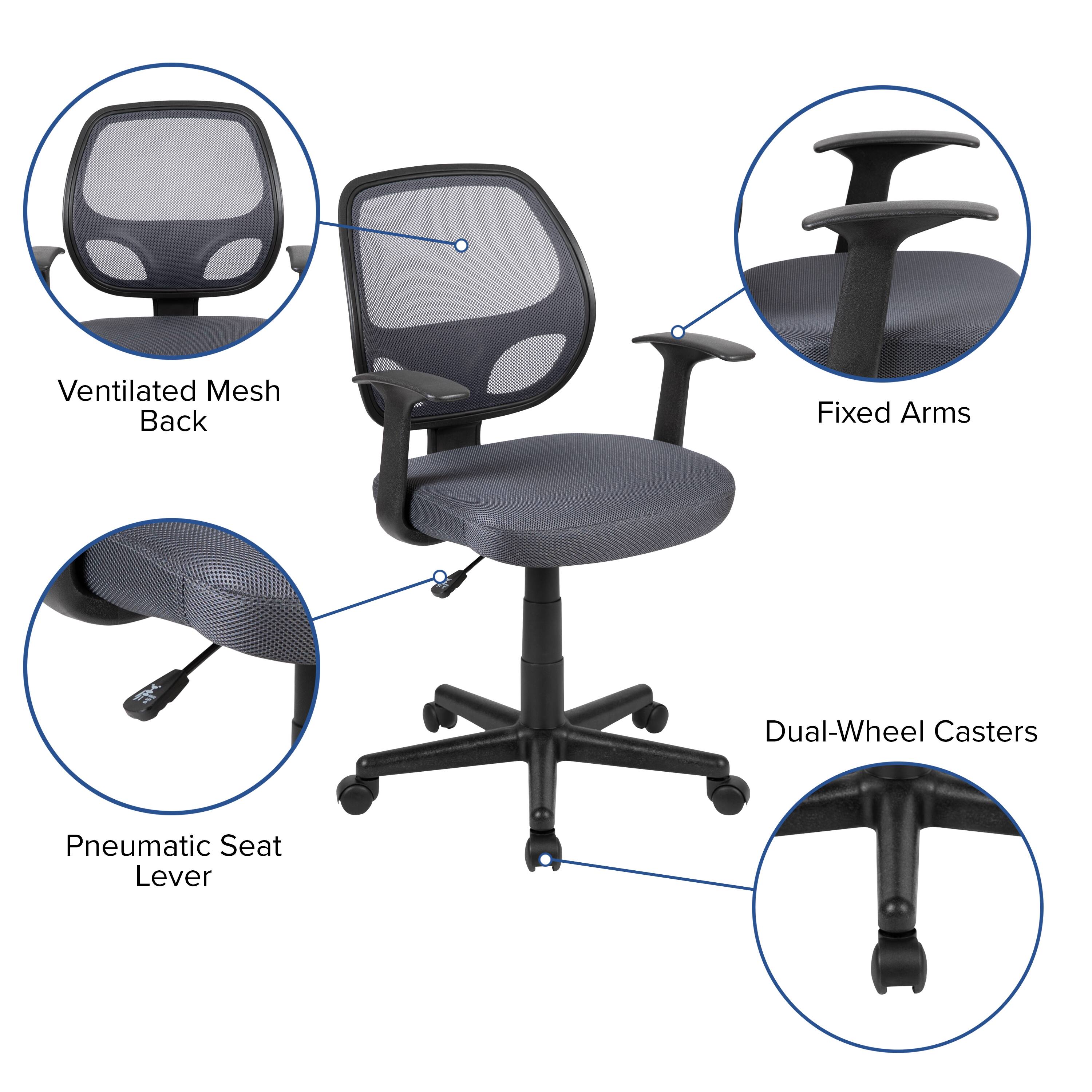 Ventilated Mesh Back  
Fixed Arms  
Dual-Wheel Casters  
Pneumatic Seat Lever