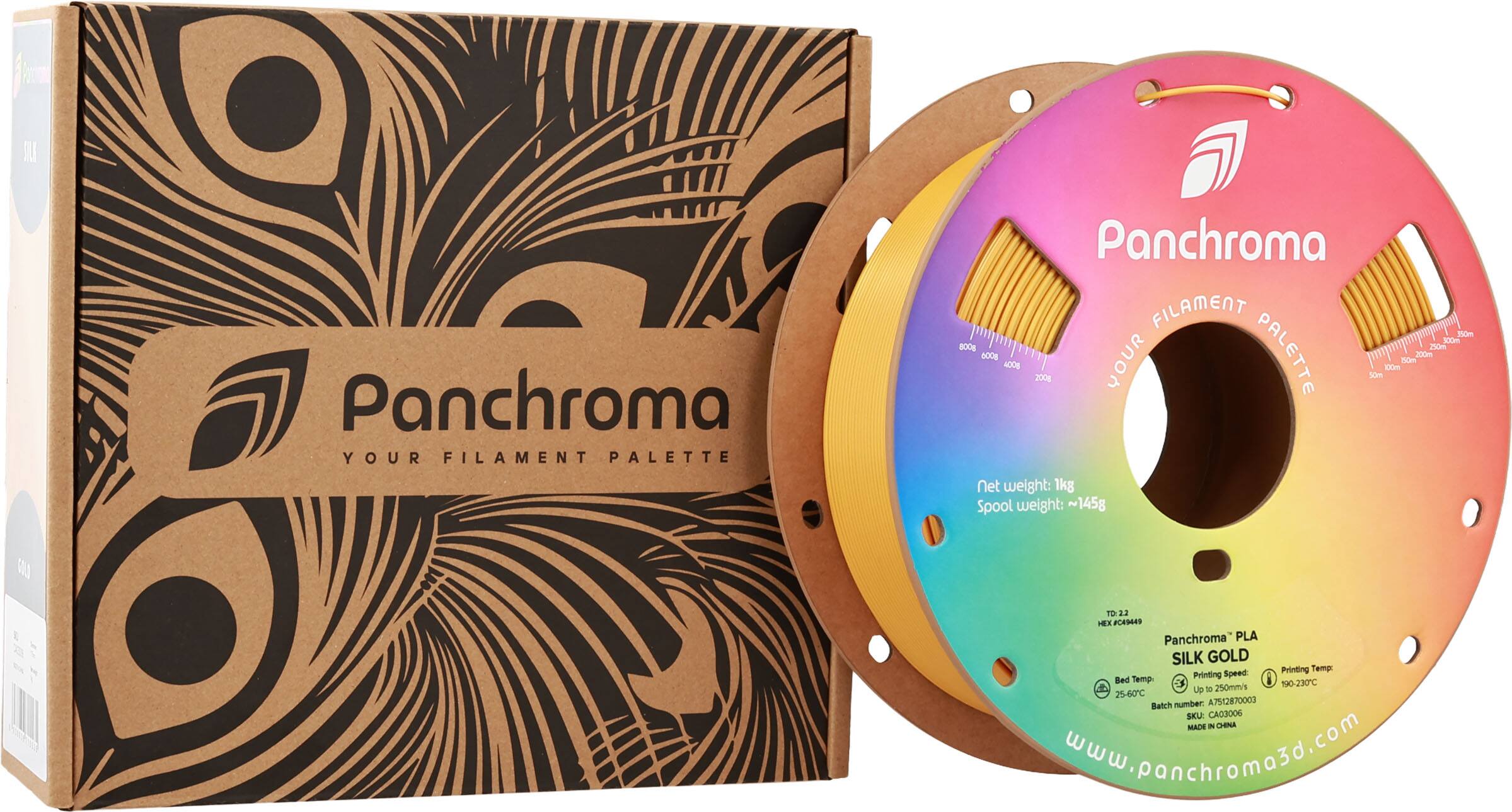 Panchroma YOUR FILAMENT PALETTE
Panchroma FILAMENT 150m 300m 800g 250m
YOUR PALETTE 30m 100m 50m 200m
Net weight: 1kg
Spool weight: ~145g
LO TO 2.3
#C8944S
Panchroma PLA SILK GOLD
Printing Temp: Printing Speed Bed Temp $ 190-230C Up = 250mms 25-60C
Batch number A7552870003
SKU: CA03006
MADE -N CHENA
www.panchromo3d.com