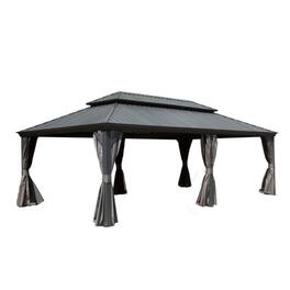 Loheer - Hardtop Gazebo 14x24 Metal Patio Gazebo with Double Roof, Aluminum Frame, Curtains, Netting, Grey