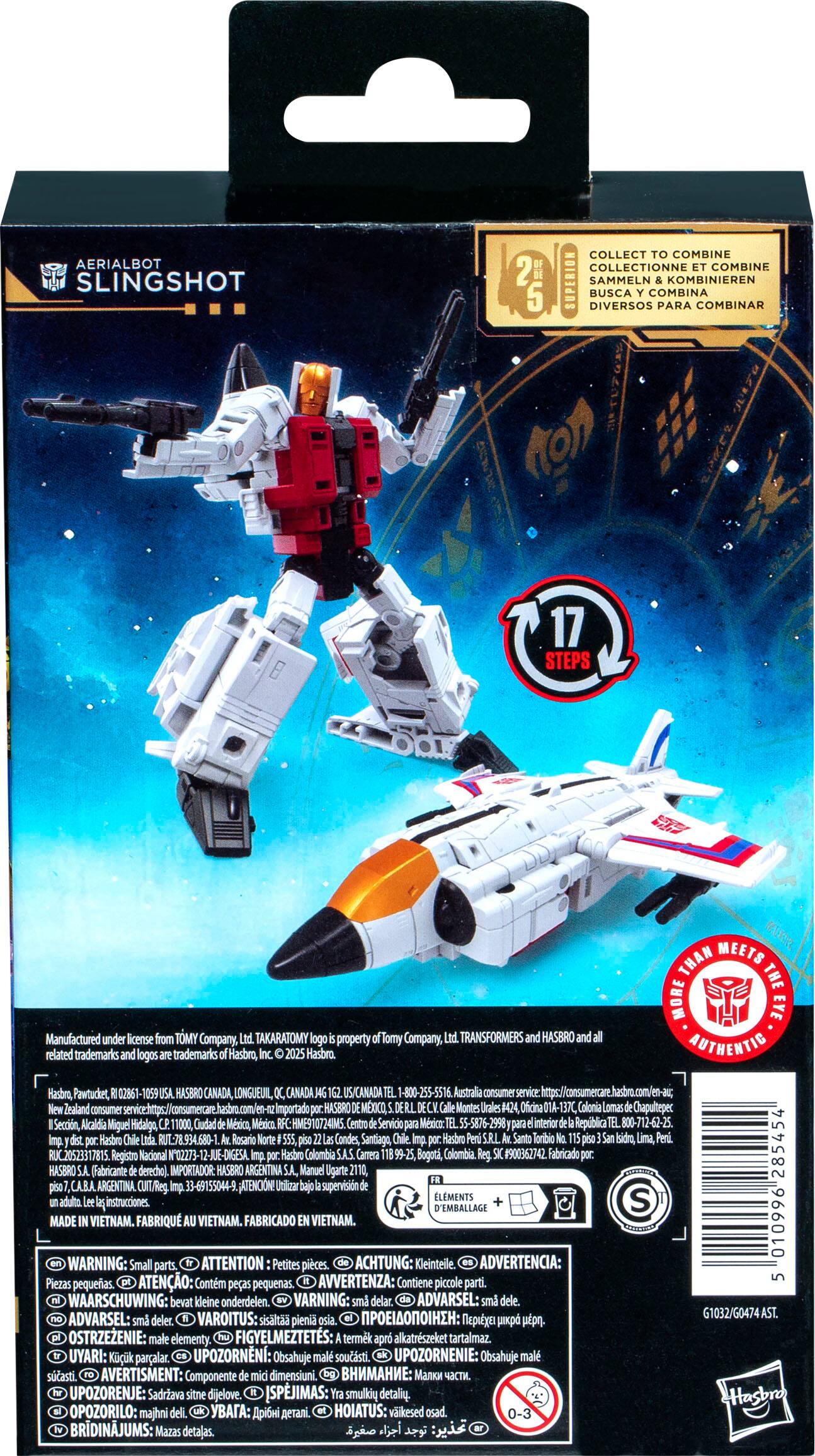 The image features a box containing a toy robot and a toy jet plane. The robot is a part of the Slingshot collection, and the jet plane is a part of the Transformers collection. The box is manufactured under license by Tomy Company, and the toys are related to the Hasbro trademarks and logos. The box is imported from Canada and Mexico, and it is intended for use in both countries. The toys are designed for collecting and combining, and they are suitable for ages 8 and up. The box also includes instructions for assembling the toys.