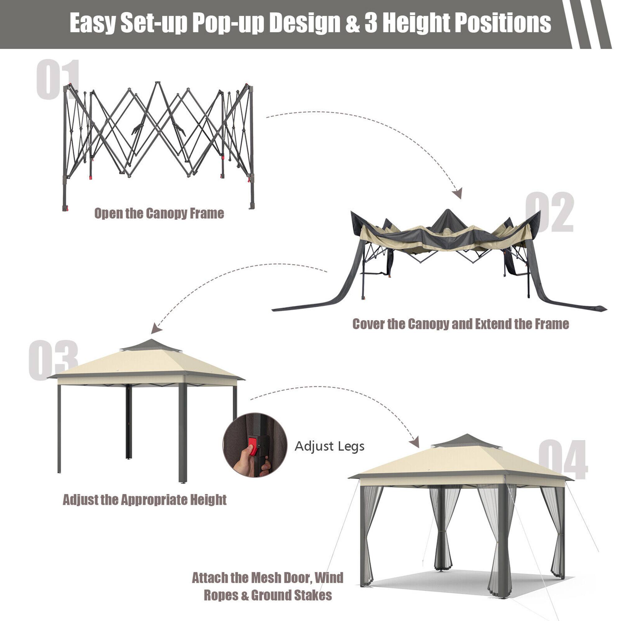 Easy Set-up Pop-up Design & 3 Height Positions

01 Open the Canopy Frame

02 Cover the Canopy and Extend the Frame

03 Adjust the Appropriate Height

04 Adjust Legs

Attach the Mesh Door, Wind Ropes & Ground Stakes