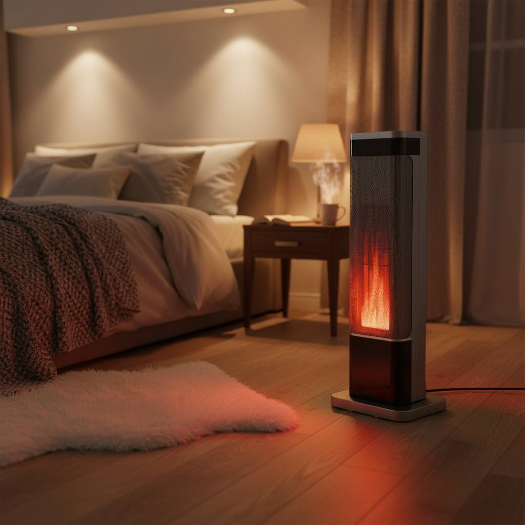 Angle. AOITUN - Space Heater 3D Hyper-Realistic Flame Tower 24inch Indoor Use with Remote - silver.
