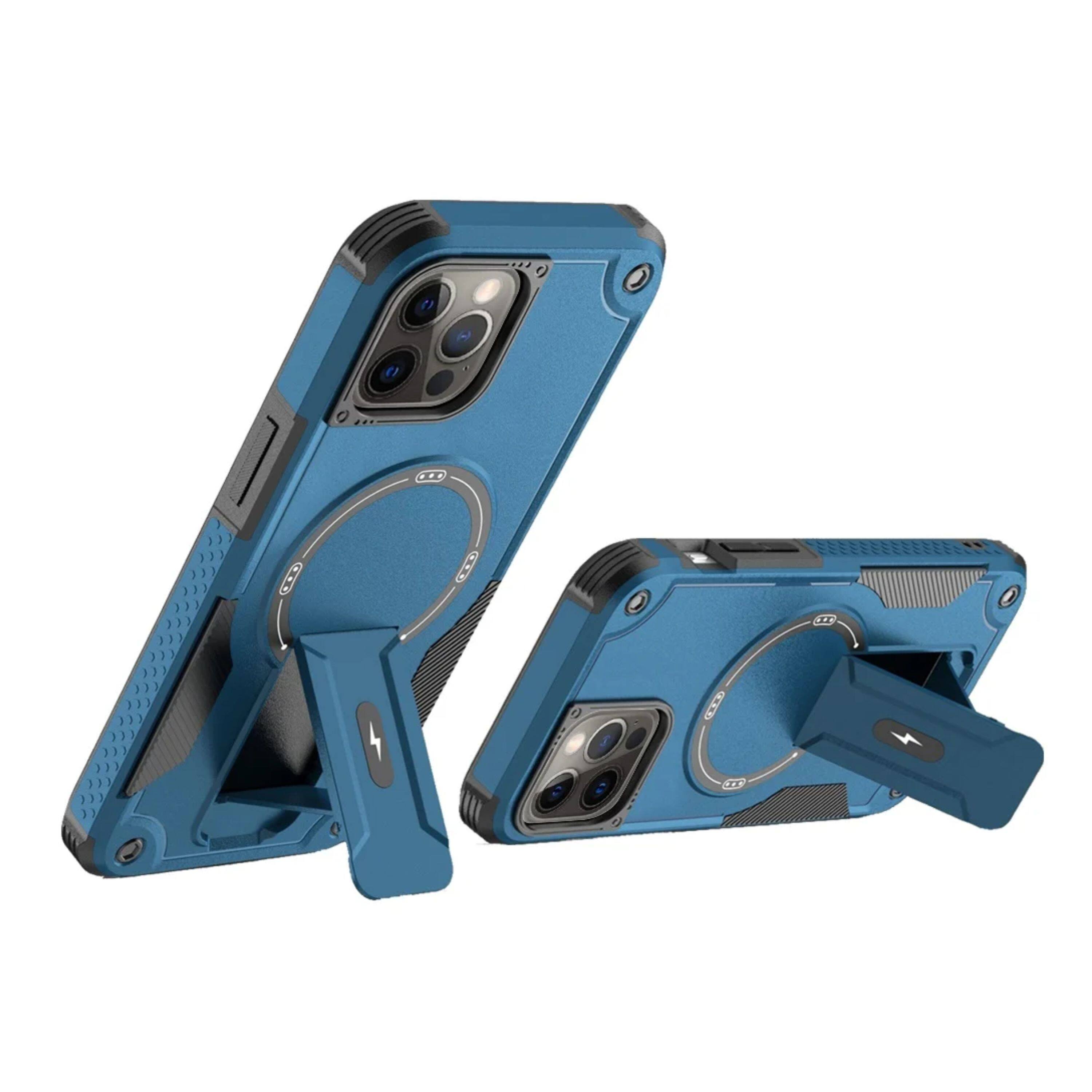 Left. Kitcheniva - Magnetic Circle Rugged Grip Kickstand Phone Case With Tempered Glass For iPhone 12/12 Pro Blue - Blue.