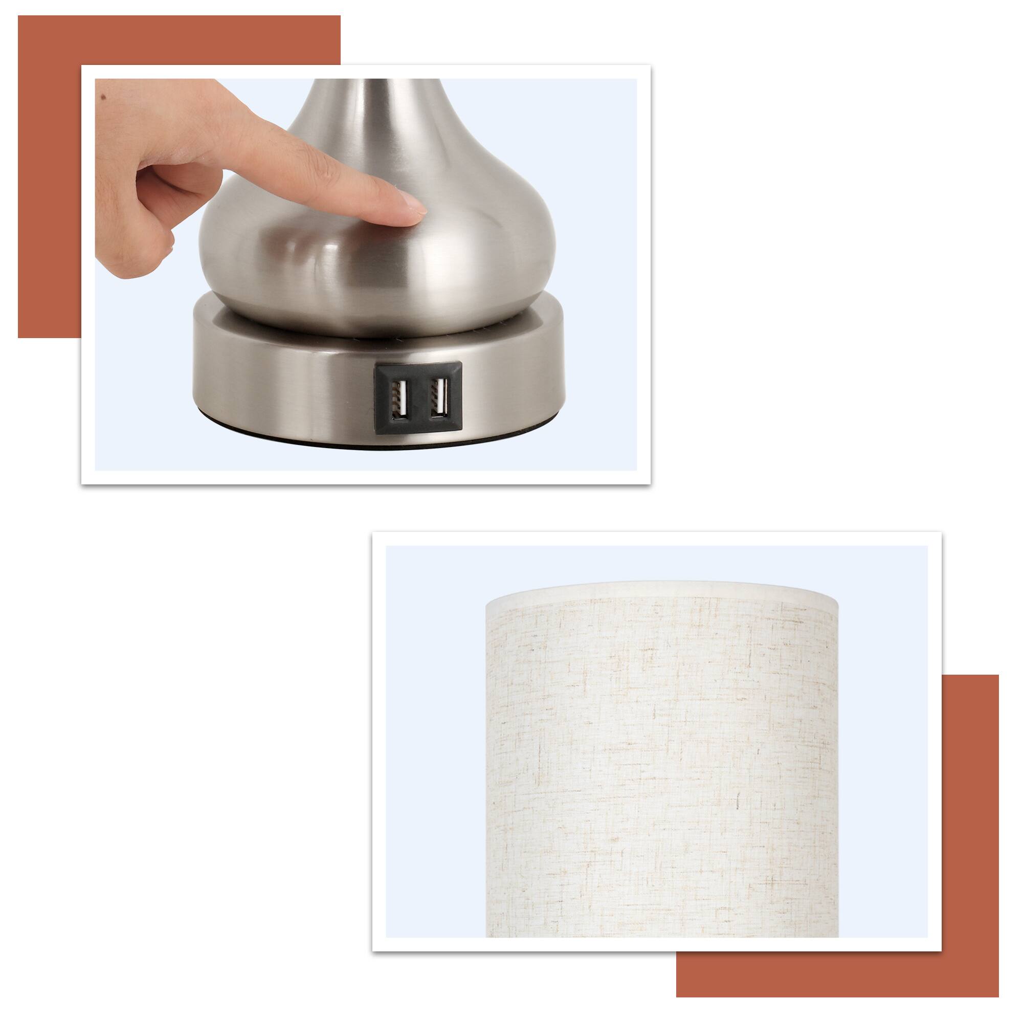 Left. Oumilen - 2-Piece Gourd Table Lamp with Nickel Base, Touch Control, 2 USB Ports and Linen Shade.