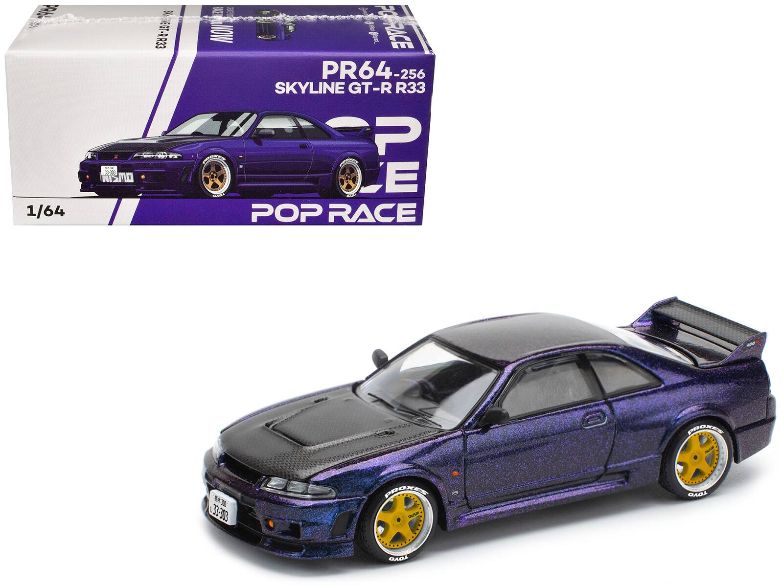 Skyline GT-R (R33) RHD (Right Hand Drive) with Carbon Hood 1/64 Diecast Model Car by Pop Race - Midnight Purple Metallic
