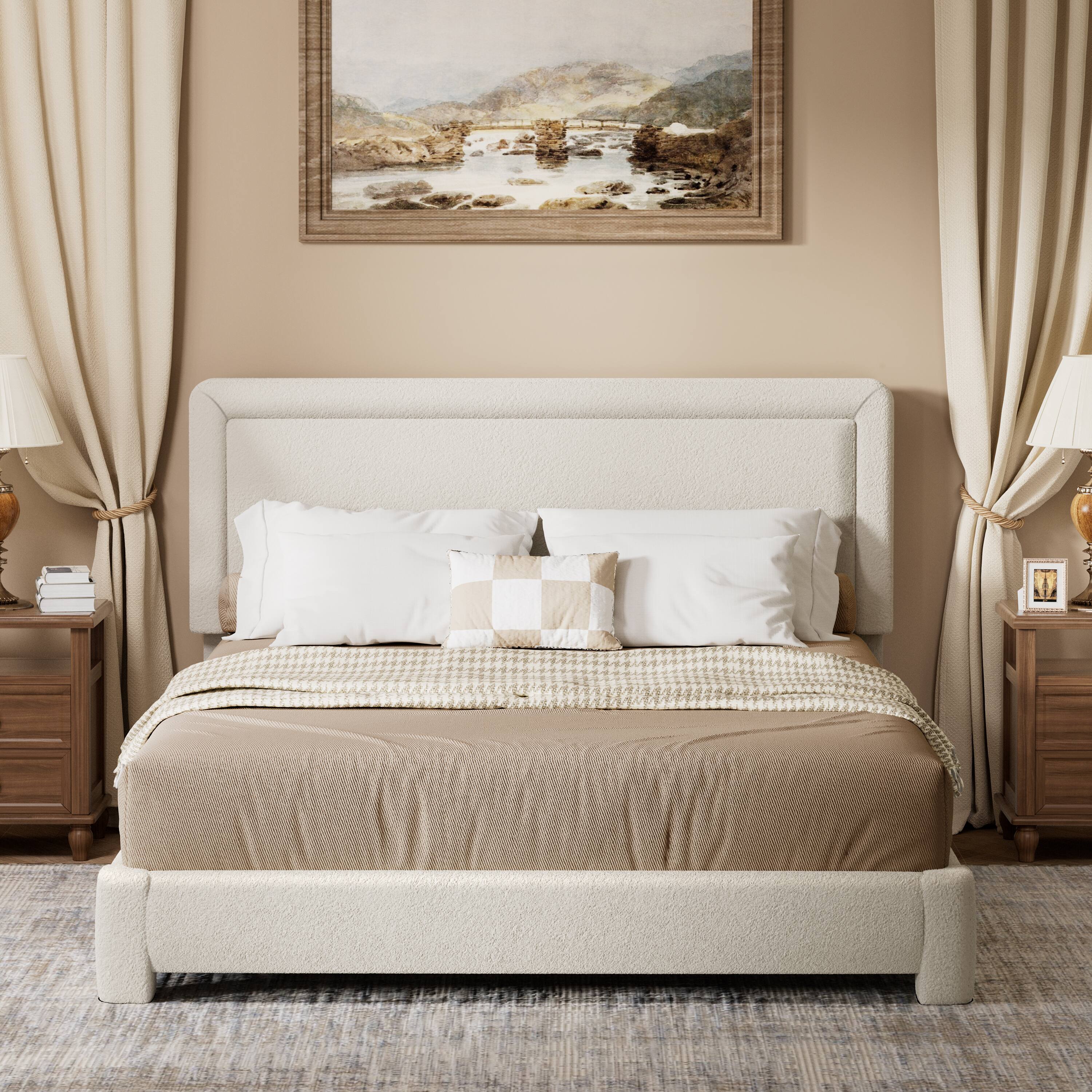 Alt View 1. Dyonery - Dyonery Full-size bed frame, modern Cream bed frame with adjustable headboard, rounded soft corners,easy assembly. - Beige.