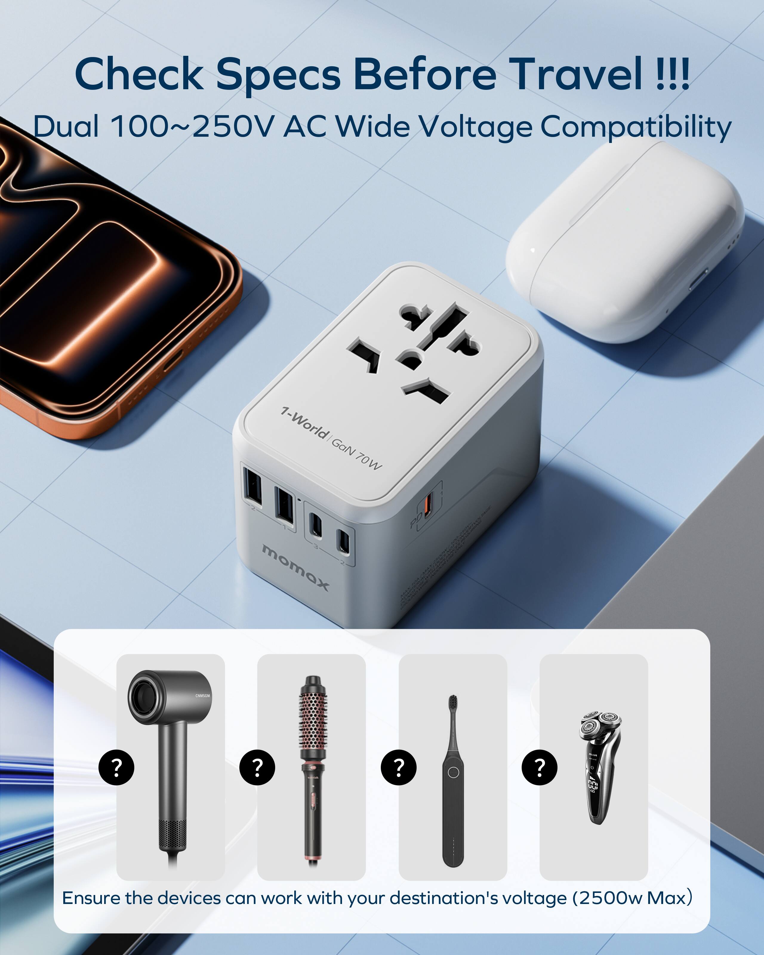 Check Specs Before Travel!!!

Dual 100~250V AC Wide Voltage Compatibility

1-World GaN 70W momox

Ensure the devices can work with your destination's voltage (2500w Max)
