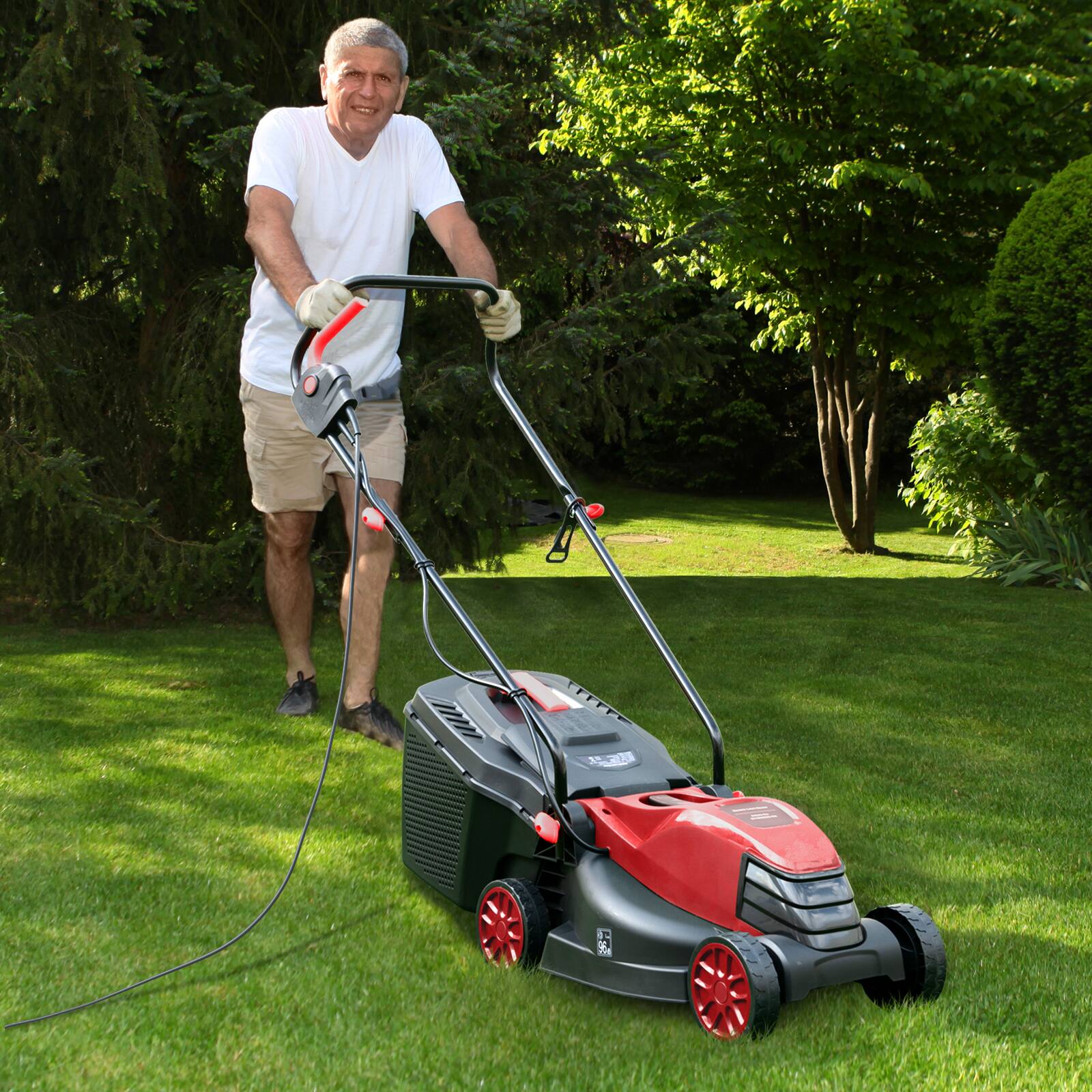 Angle. SKONYON - Corded Electric Lawn Mower with Adjustable Cutting Height 13.5 Inch Deck and Large Collection Box - Red.