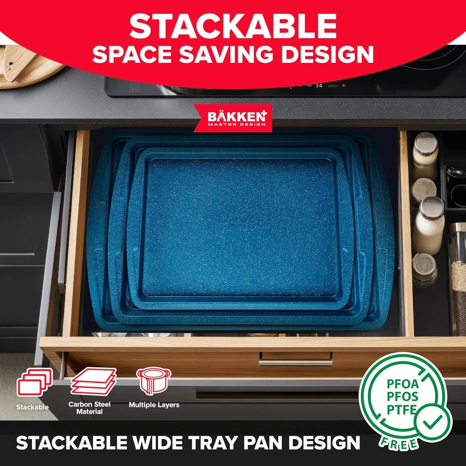 Stackable Space Saving Design, Stackable Wide Tray Pan Design, Carbon Steel Material, Multiple Layers, PFOA PFOS PTFE Free