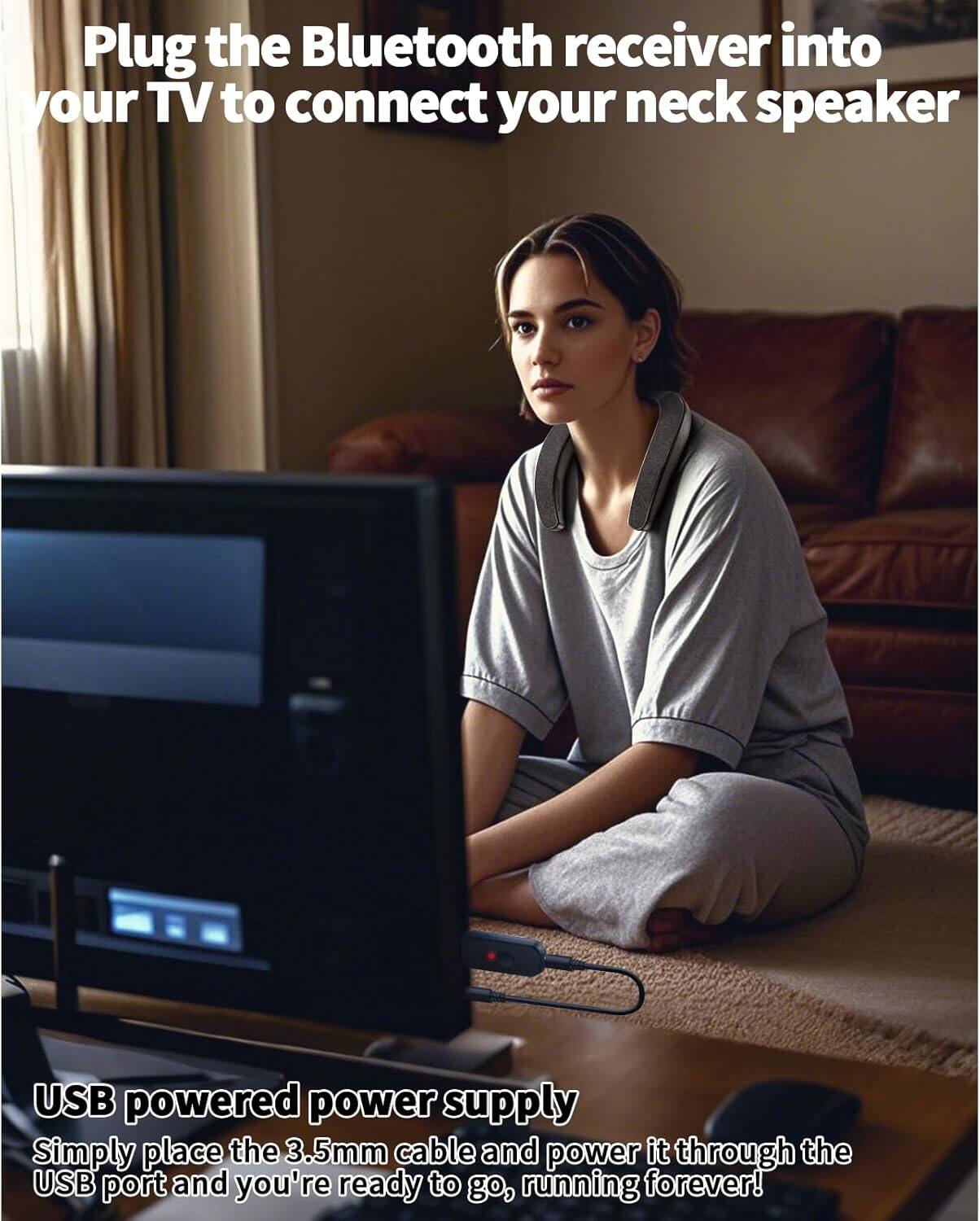 Plug the Bluetooth receiver into your TV to connect your neck speaker.

USB powered power supply
Simply place the 3.5mm cable and power it through the USB port and you're ready to go, running forever!