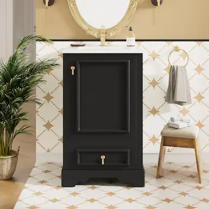 Front. Boyel Living - 20 Inch Black Bathroom Vanity with Ceramic Sink Soft Close Door Drawer Adjustable U-Shaped Shelf Door Storage Rack - Black.