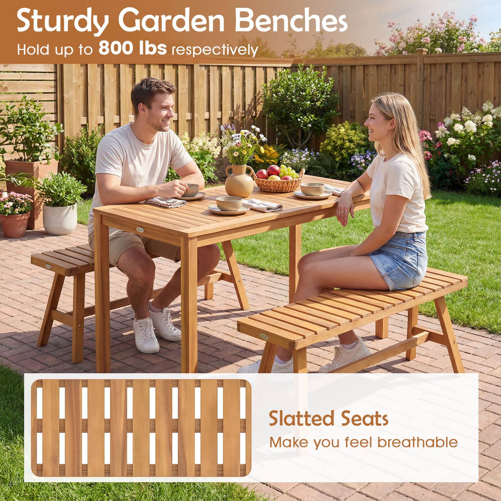 Sturdy Garden Benches  
Hold up to 800 lbs respectively  

Slatted Seats  
Make you feel breathable