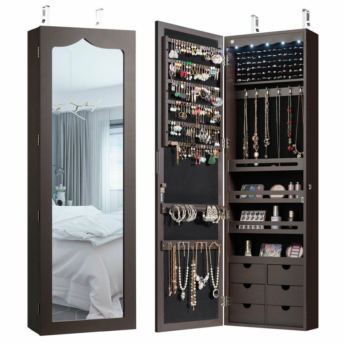 Gymax - Lockable Wall Door Mounted Jewelry Cabinet LED Mirror - Brown