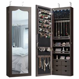 Gymax - Lockable Wall Door Mounted Jewelry Cabinet LED Mirror - Brown