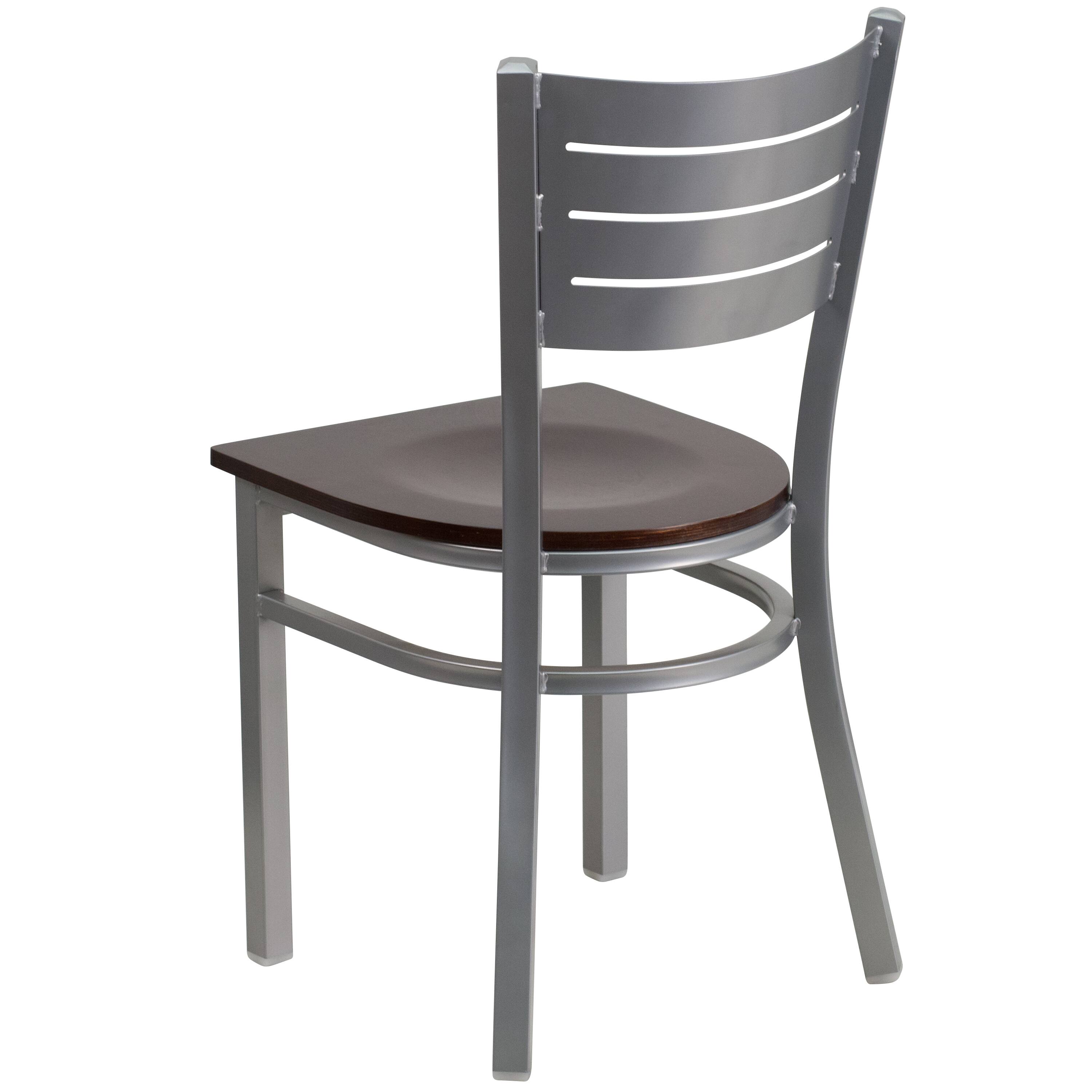 Back. Flash Furniture - HERCULES Series Silver Slat Back Metal Restaurant Chair - Walnut Wood Seat - Brown.