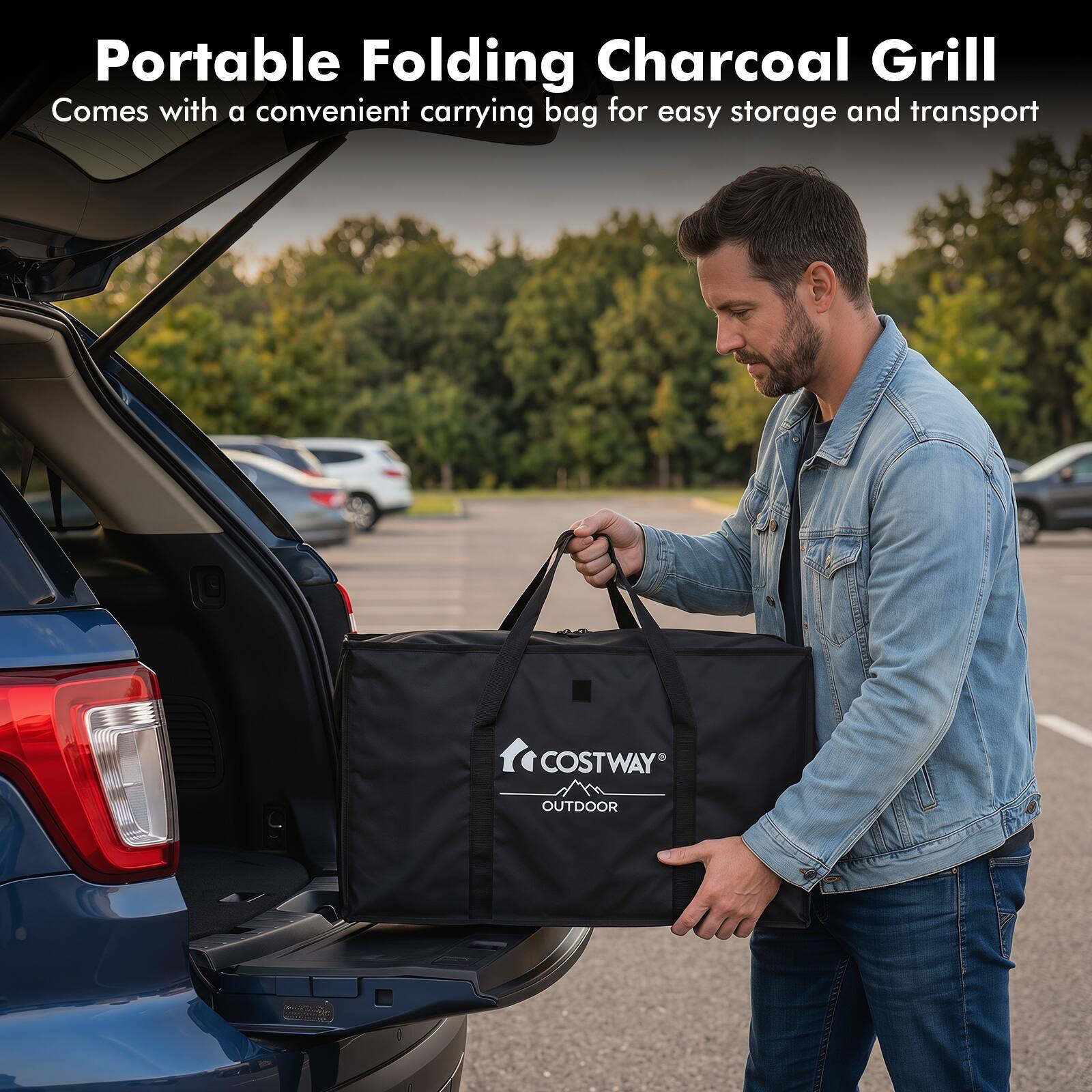 Portable Folding Charcoal Grill  
Comes with a convenient carrying bag for easy storage and transport  
COSTWAY OUTDOOR