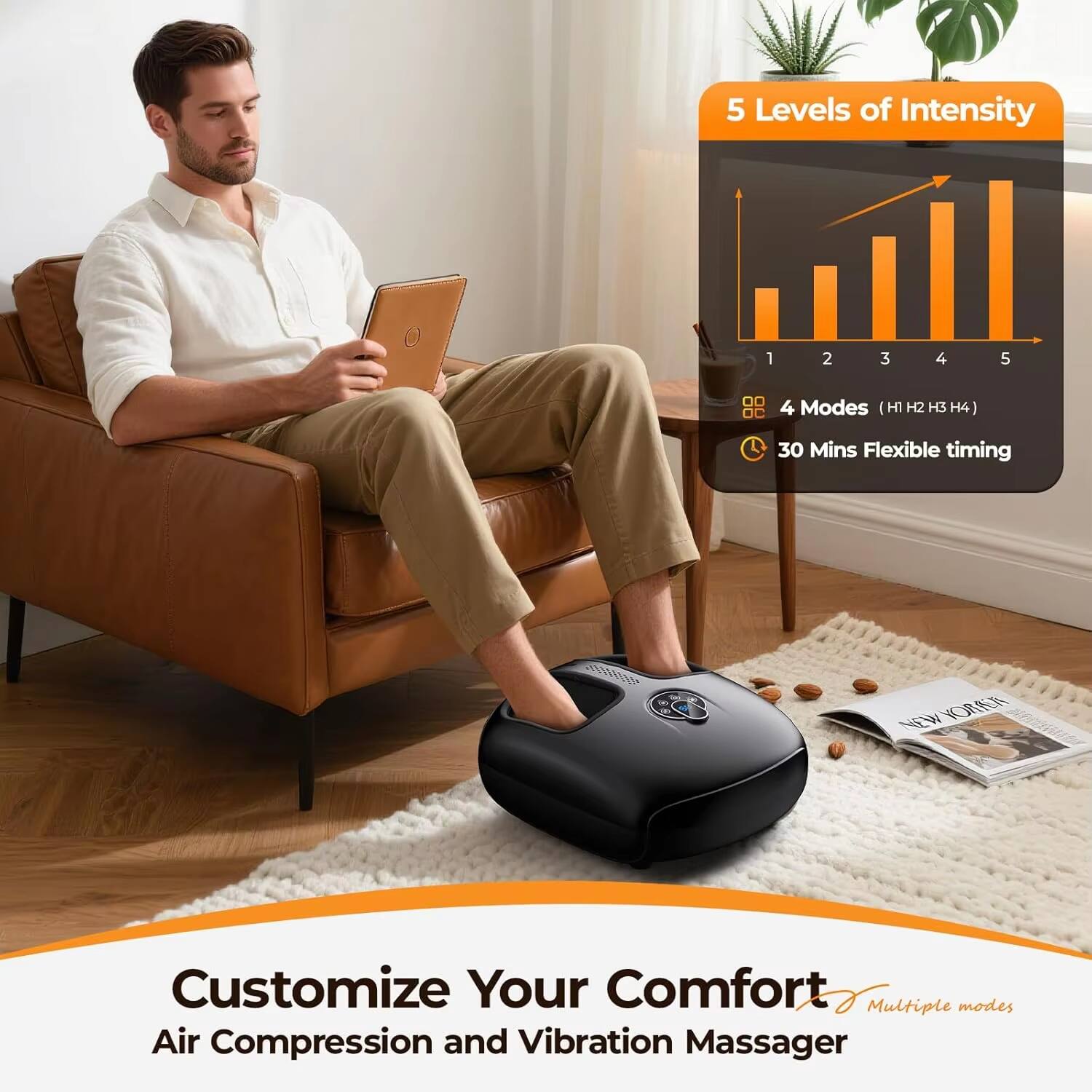 5 Levels of Intensity  
1 2 3 4 5  
4 Modes (H1 H2 H3 H4)  
30 Mins Flexible timing  
Customize Your Comfort  
Air Compression and Vibration Massager  
Multiple modes