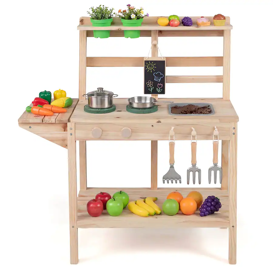 Costway Kids Play Kitchen Set Wooden Kitchen Playset with Stoves Sink ...
