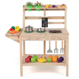 Costway - Kids Play Kitchen Set Wooden Kitchen Playset with Stoves Sink Rotation - Natural
