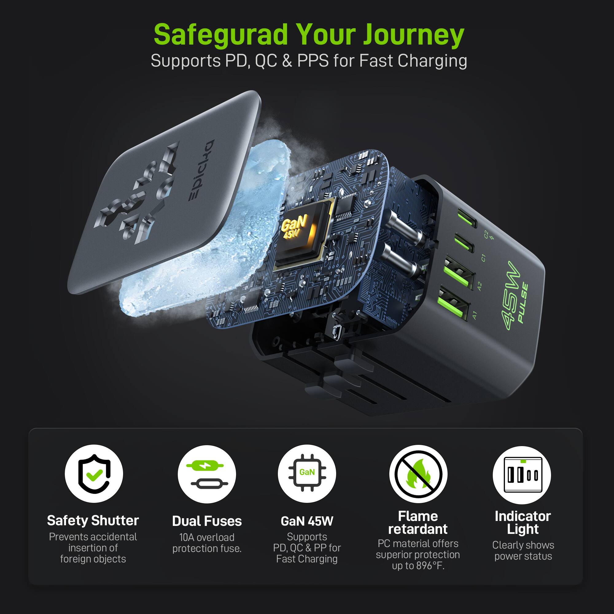 Safeguard Your Journey  
Supports PD, QC & PPS for Fast Charging  

- Safety Shutter: Prevents accidental insertion of foreign objects  
- Dual Fuses: 10A overload protection fuse  
- GaN 45W: Supports PD, QC & PPS for Fast Charging  
- Flame retardant: PC material offers superior protection up to 896°F  
- Indicator Light: Clearly shows power status