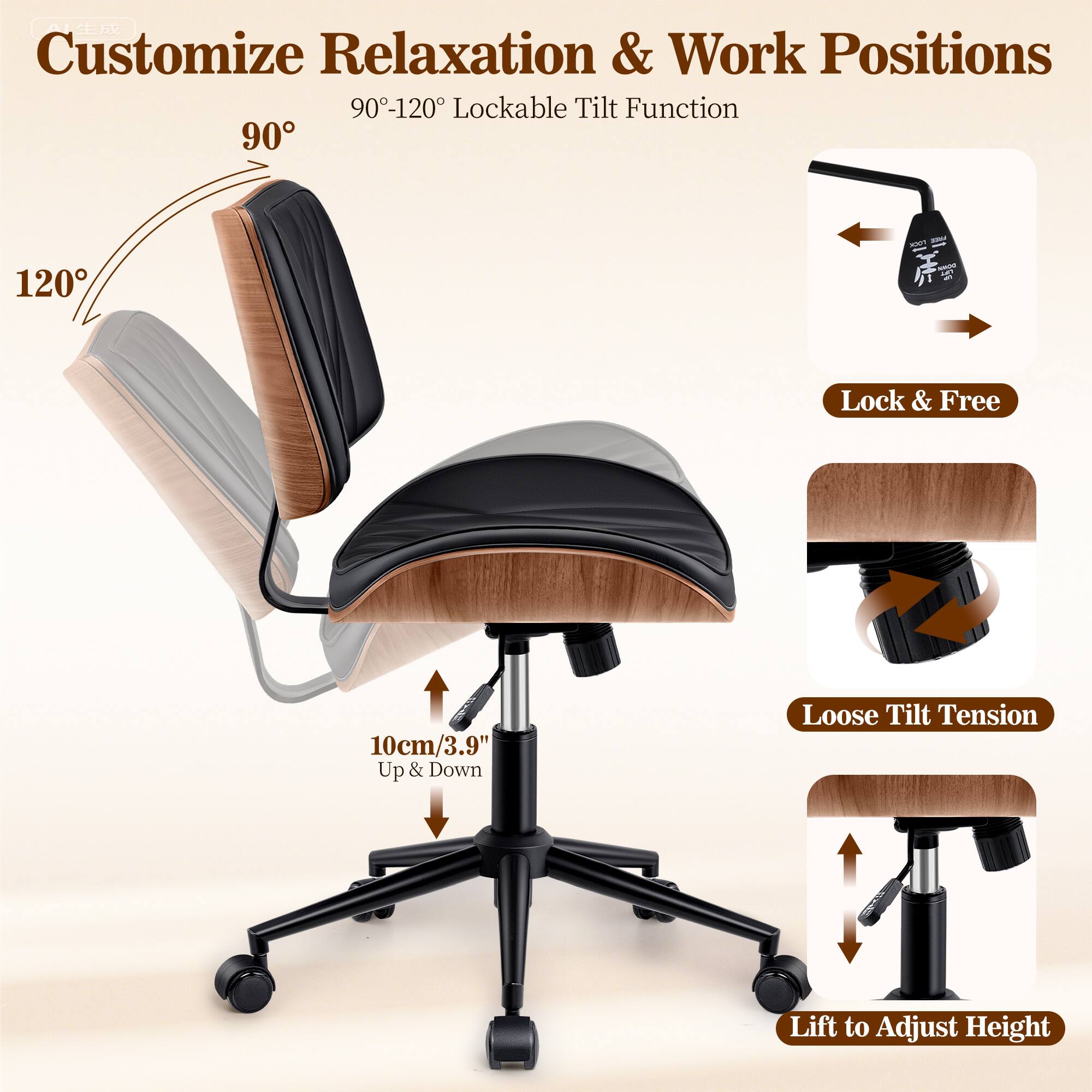 Customize Relaxation & Work Positions  
90°-120° Lockable Tilt Function  
Lock & Free  
Loose Tilt Tension  
10cm/3.9" Up & Down  
Lift to Adjust Height