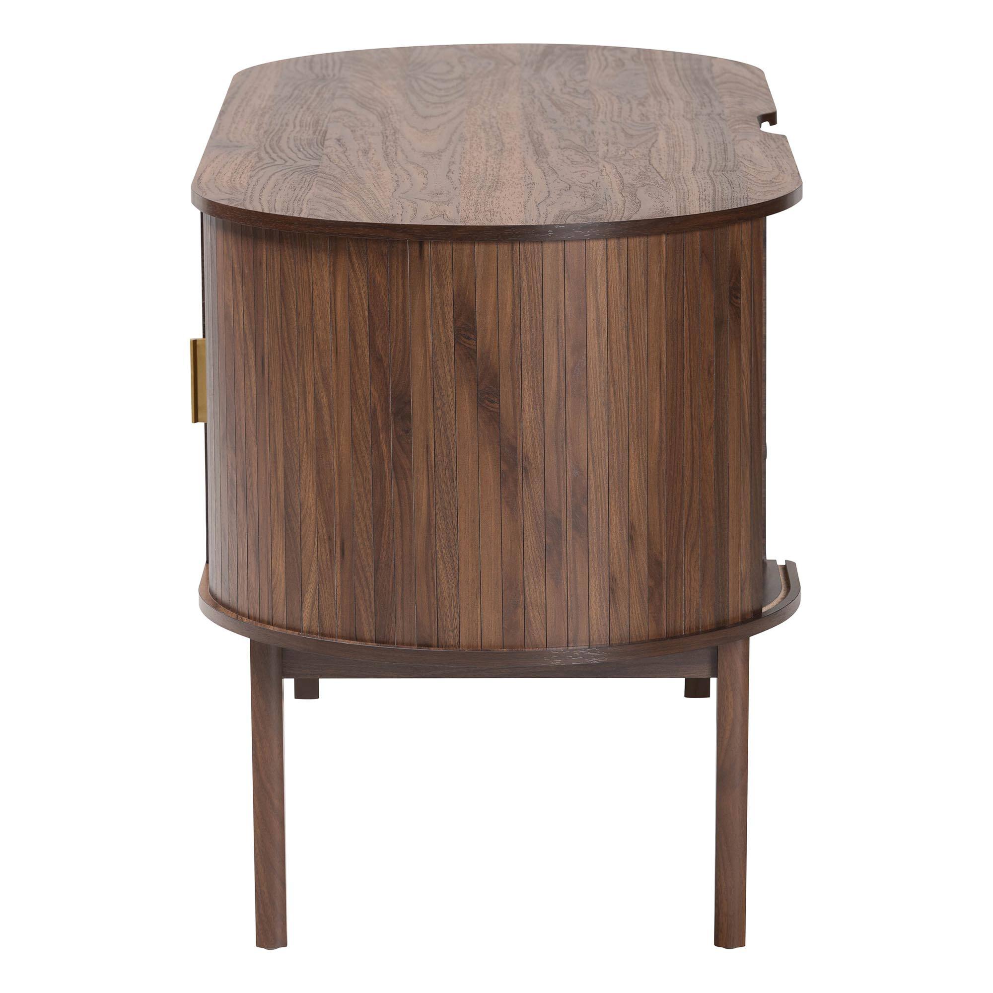 Back. Baxton Studio - Hayes Wood Writing Desk - Mid-Century Modern Oval Desk with Locking Drawer and Sliding Tambour Doors for Office or Home - Walnut Brown.