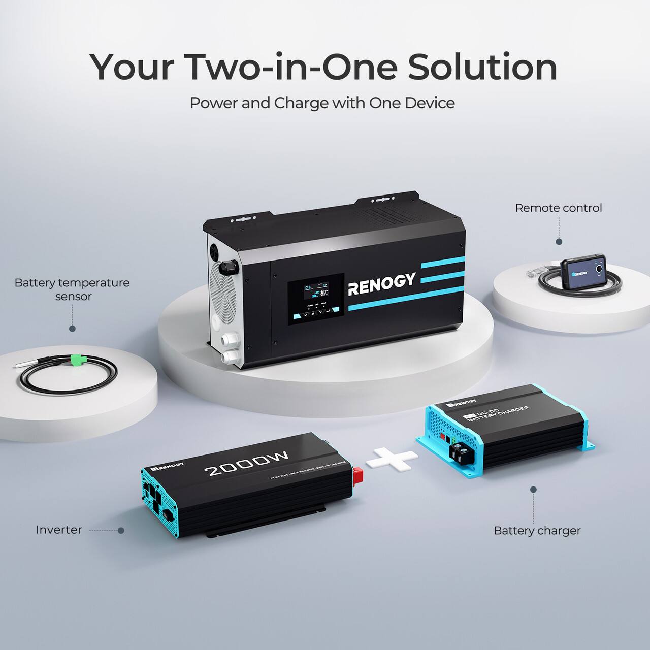 Your Two-in-One Solution: Power and Charge with One Device. Remote control, Battery temperature sensor, RENOGY - a 2000W - w S CHARGER + Inverter. Battery charger.