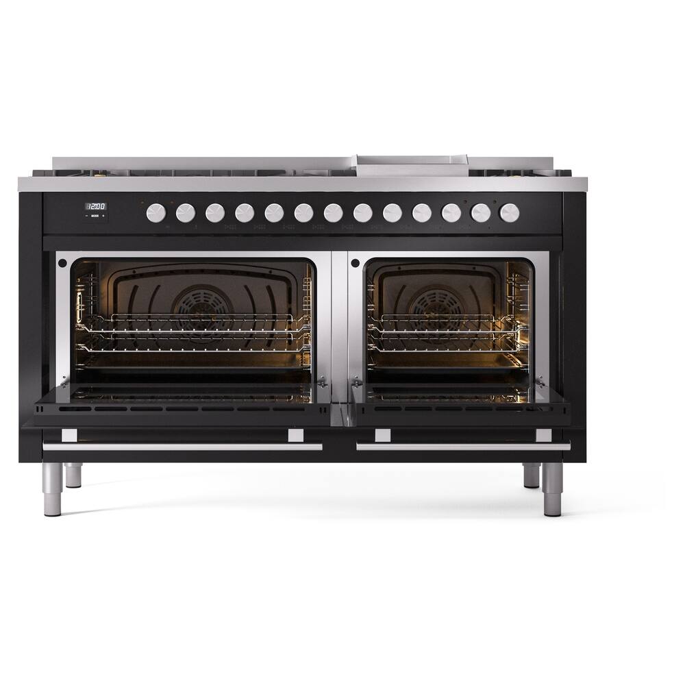 Alt View 1. ILVE - ILVE Professional Plus II Series 60 in. Dual Fuel Range with 7 Sealed Burners + Griddle (Natural Gas, Satin Trim) - Glossy Black.
