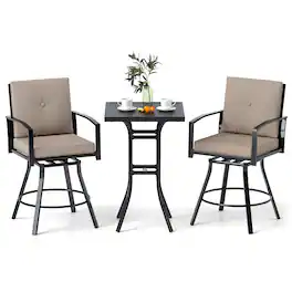 Gymax - Set of 3 Swivel Bar Set Table & Chairs Set w/ Soft Cushions & Umbrella Hole - Brown